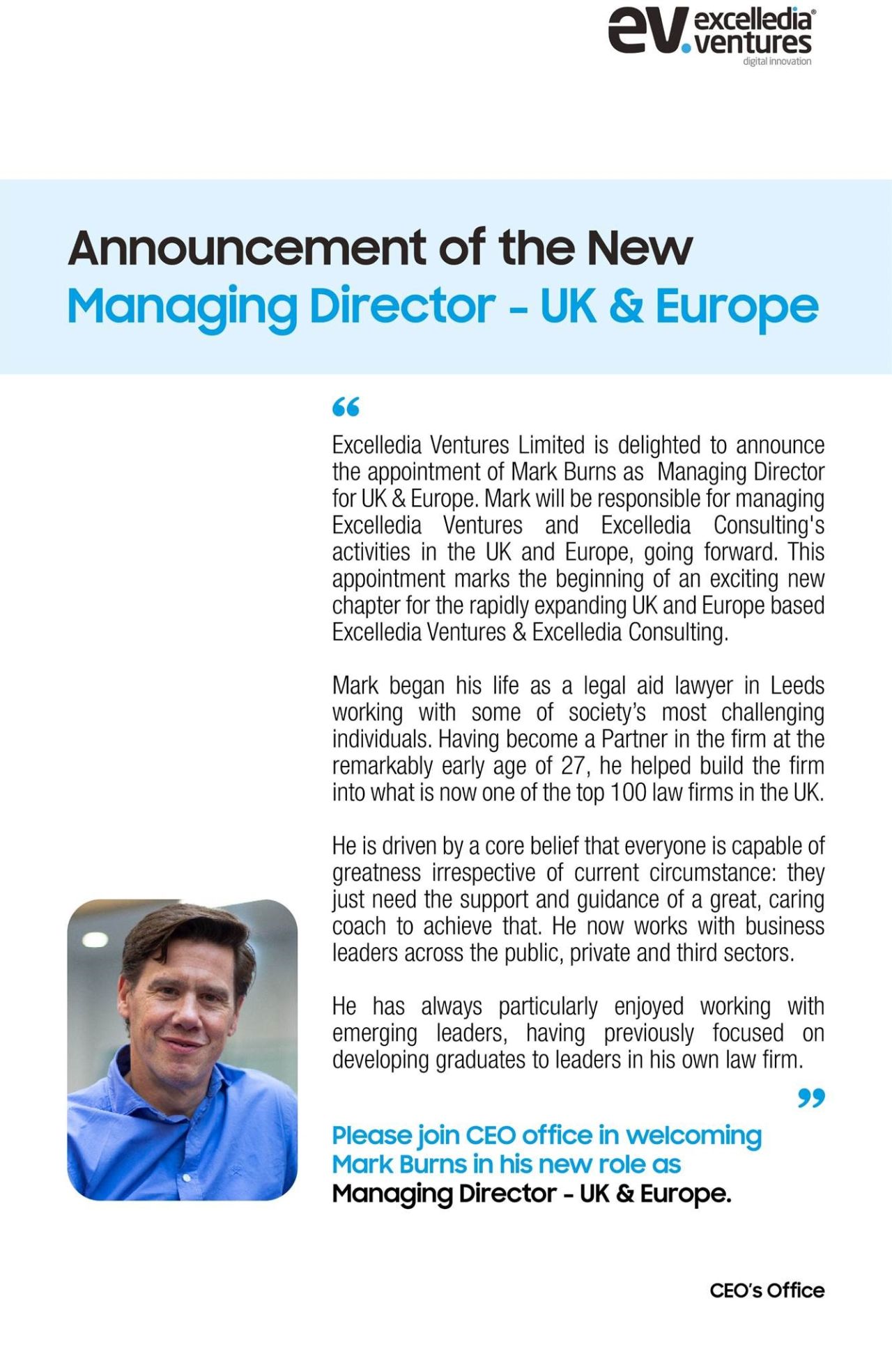 Mark Burns Appointed As The New Managing Director For Uk And Europe By Excelledia For Press Release Online Pr Distribution Services
